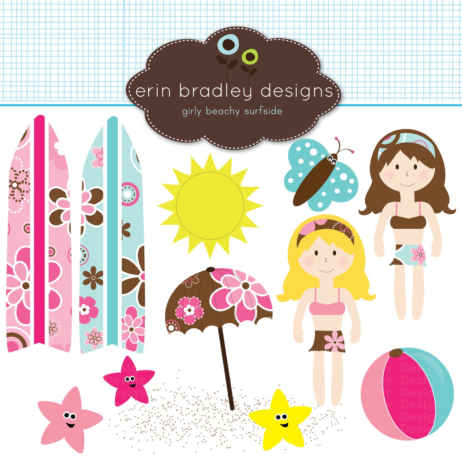 Surfer Girls Beach Clipart Personal & Commercial Use Clip Art Digital Scrapbooking Surfboard with Blonde and Brunette