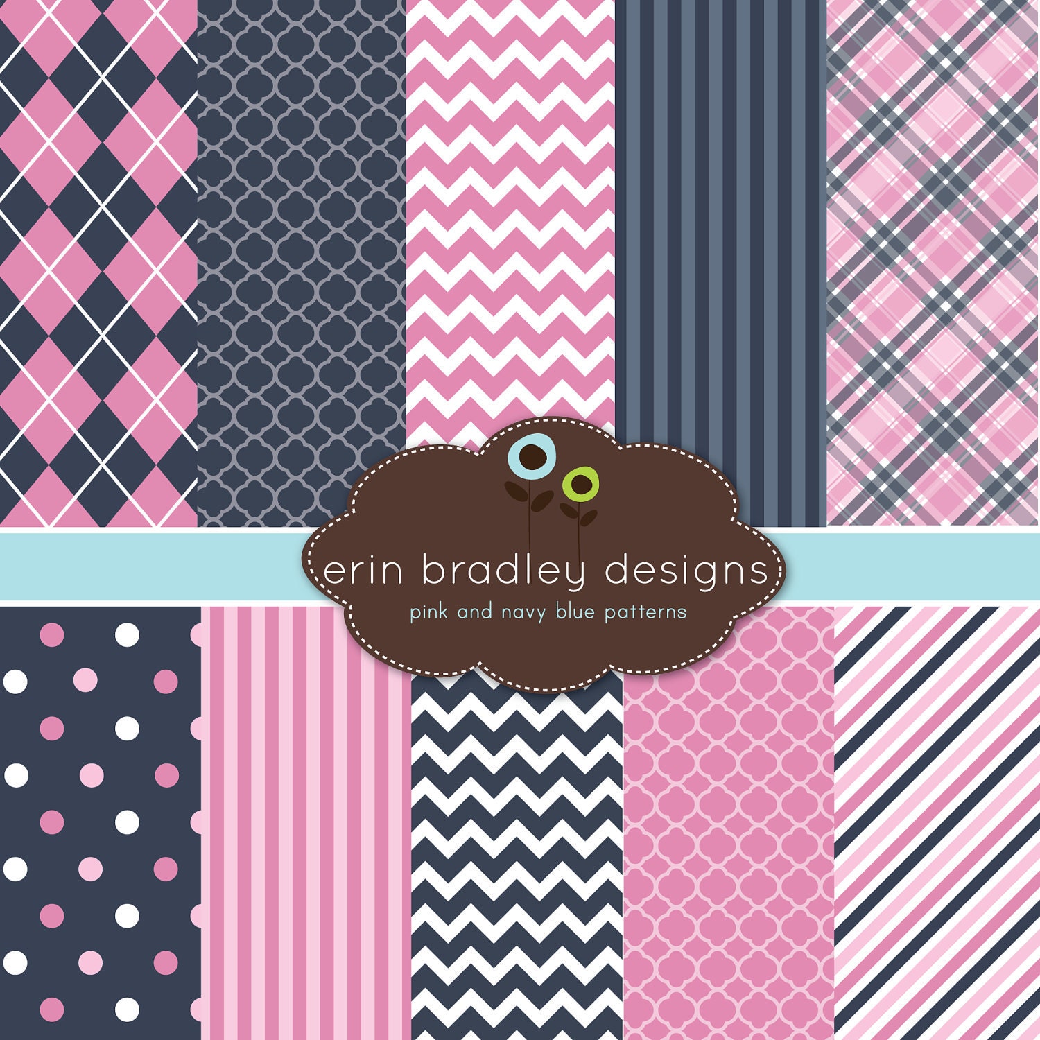 Digital Papers Personal and Commercial Use Pink and Blue Patterned Backgrounds Instant Download