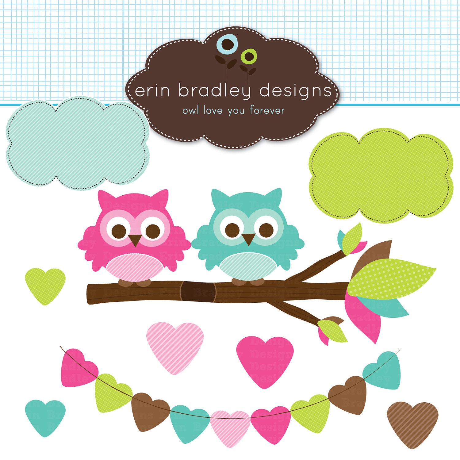 Pink and Blue Owls in a Branch Clipart Graphics Commercial Use Digital Clip Art Il_170x135