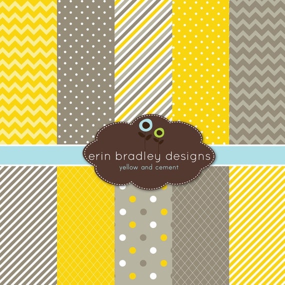 Digital Scrapbook Paper Yellow and Grey Brown Polka Dots and Stripes Personal & Commercial Use