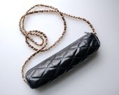 80's Quilted Purse.  Vintage Black Bag w Gold Glam Chain, Chanel Style