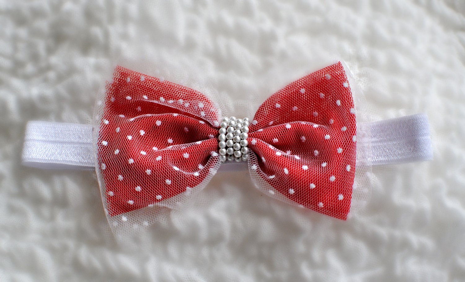 Valentines Day Red White Hair Bow Headband Polka Dots Pearls Tulle - 4th of july Photography Prop Babies Toddlers Girls