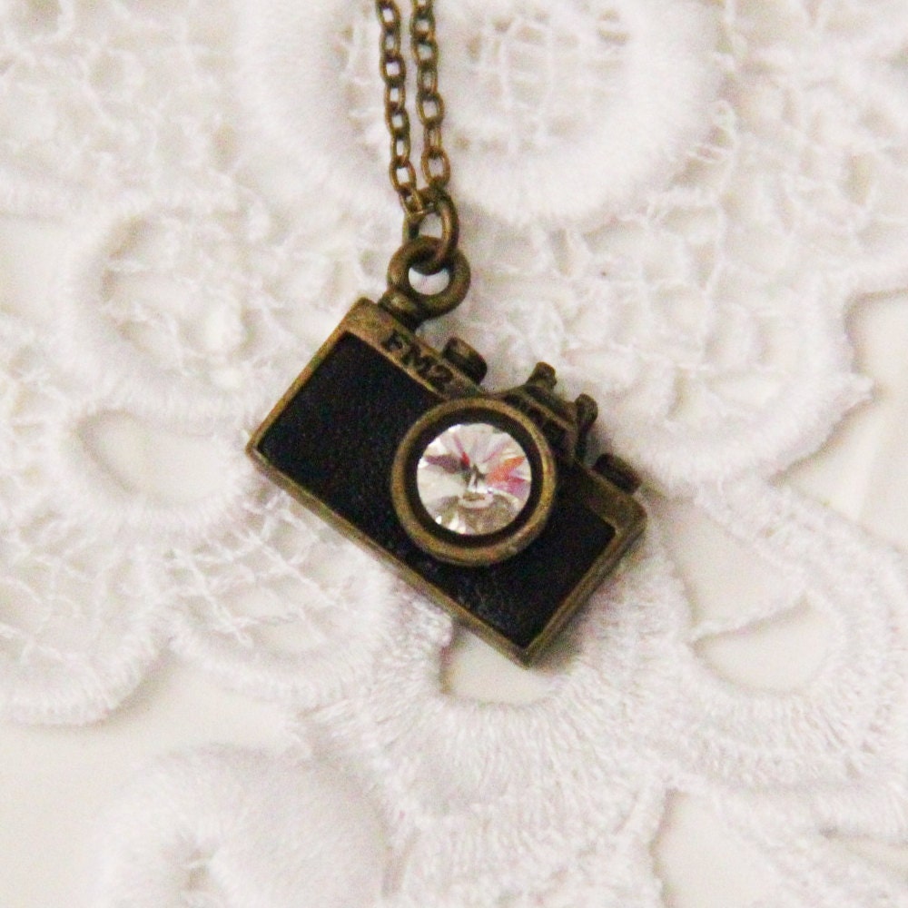 bronze camera necklace . shutterbug in black