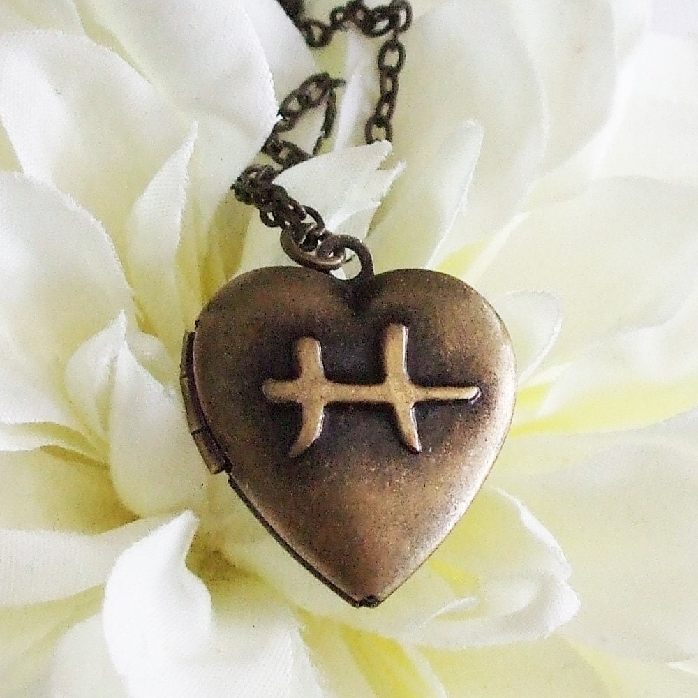 zodiac heart locket necklace . bronze . pisces