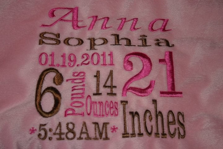 Unique Embroidered Birth Announcement Pink/Brown and Green/Brown Personalized Minky Baby Blanket
