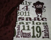 Unique Embroidered Birth Announcement Personalized Minky Baby Blanket - with monkey design