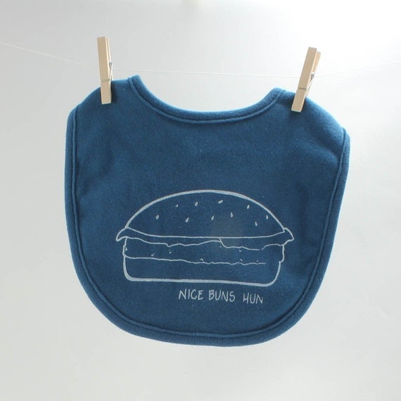 Organic baby bib screen printed nice buns burger bib galaxy blue with white ink