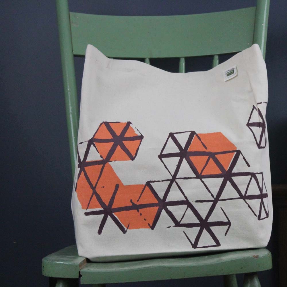 Hexagon print recycled cotton tote bag peach and plum