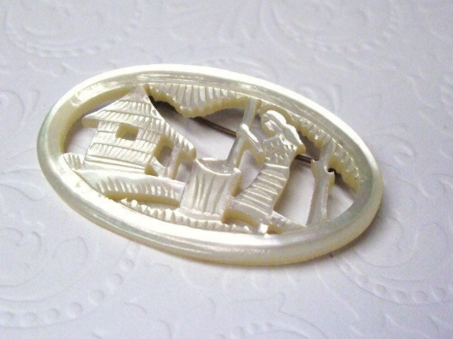 Art Deco Brooch Mother of Pearl Folk Art Carved Scene Vintage 1920s 1930s Costume Jewelry