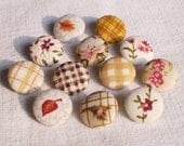 Fabric Buttons - Autumn Cozy Brown Mix - 12 Small Fabric Covered Buttons - Fall Yellow, Mustard, Pink Flowers, Gingham, Rose, Checks, Leaves