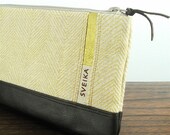 Clutch - Linen and Leather - Hand-printed - Gold Herringbone