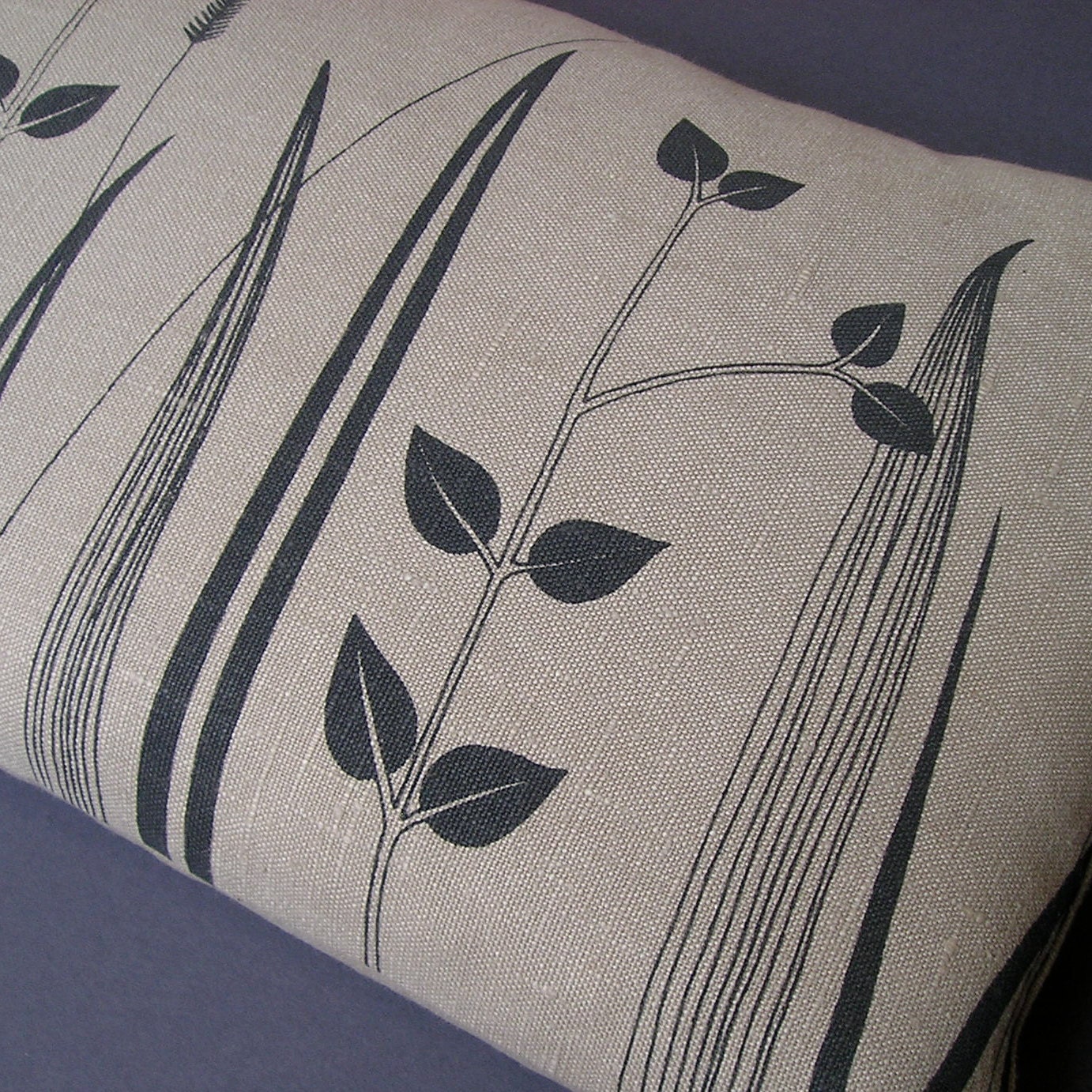 Linen Pillow - Slate Blue Gray Throw Pillow - Hand Screen Printed - Field Plants Grass
