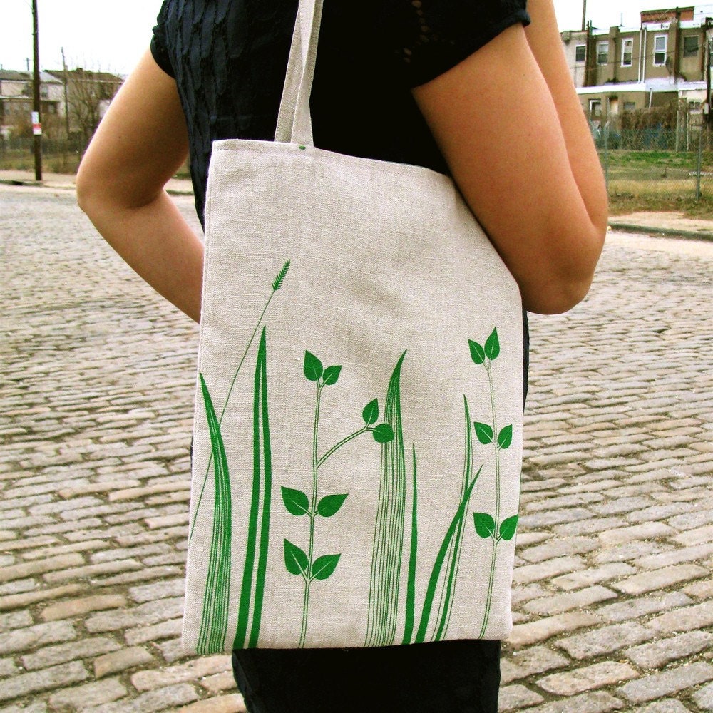 Linen Tote Bag Screenprinted Green Botanical