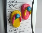 Beach kitchen decor - Flip flop magnets - set of 2 pink & yellow Summer Sandals, miniature flip flops, Summer fun