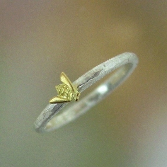 Tiny Bee Stacking Ring, Sterling Silver, 18k gold bee, Made to order