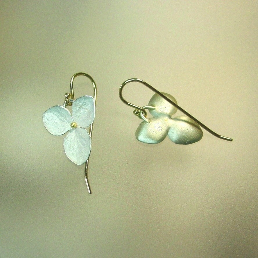 Hydrangea Drop Earrings, Sterling Silver Flowers, 18k Gold Earwires, Made to order