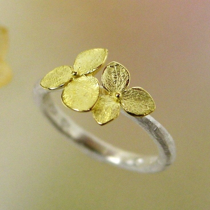 Hydrangea Blossom Ring, Stacking Ring, Sterling Silver, 18k gold Flowers, Botanical, Made to order