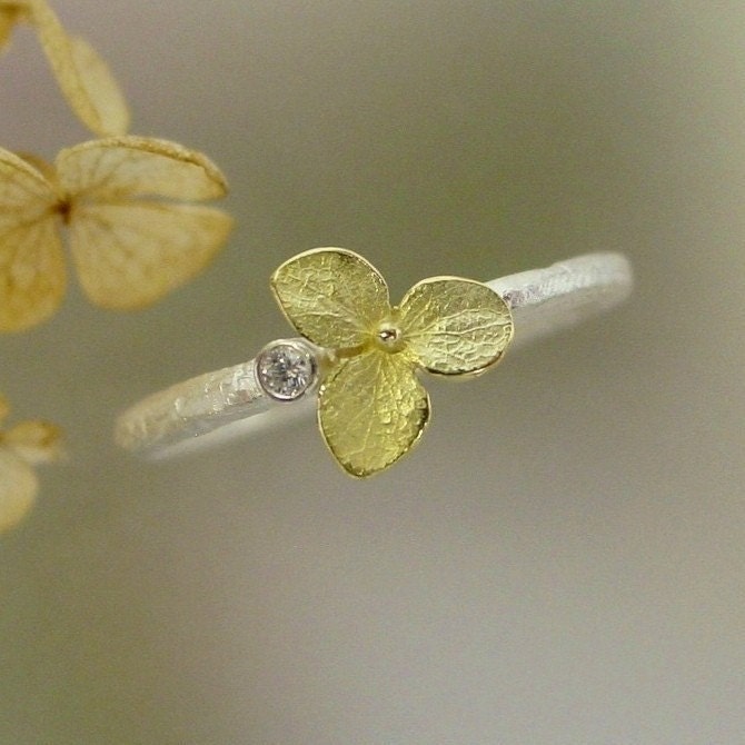 Hydrangea Blossom Diamond Engagement Ring, Stacking Ring, Sterling Silver, 18k Gold Flower, Made to order