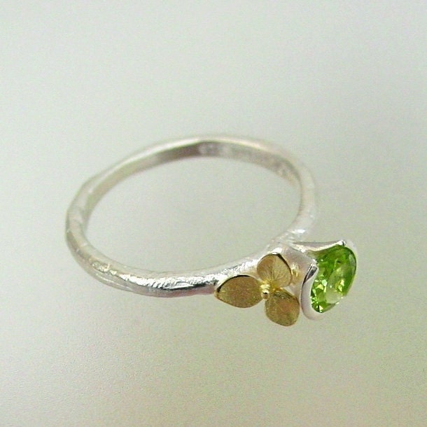 Hydrangea Stacking Ring, Green Peridot Gemstone, Sterling Silver, 18k Yellow Gold Flower, August Birthstone Made to order