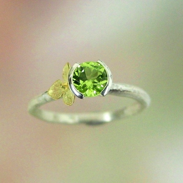 Hydrangea Stacking Ring, Green Peridot Gemstone, Sterling Silver, 18k Yellow Gold Flower, August Birthstone Made to order