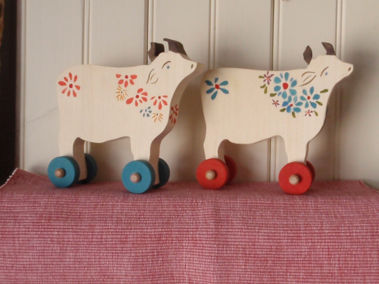 dreamy cow push toy - - Bucolic Cows on Wheels - Wooden Folk Toy / Art toy