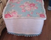 shabby ottoman chic footstool slip cover vintage chenille bedspread  rose fabric pom pom cottage prairie