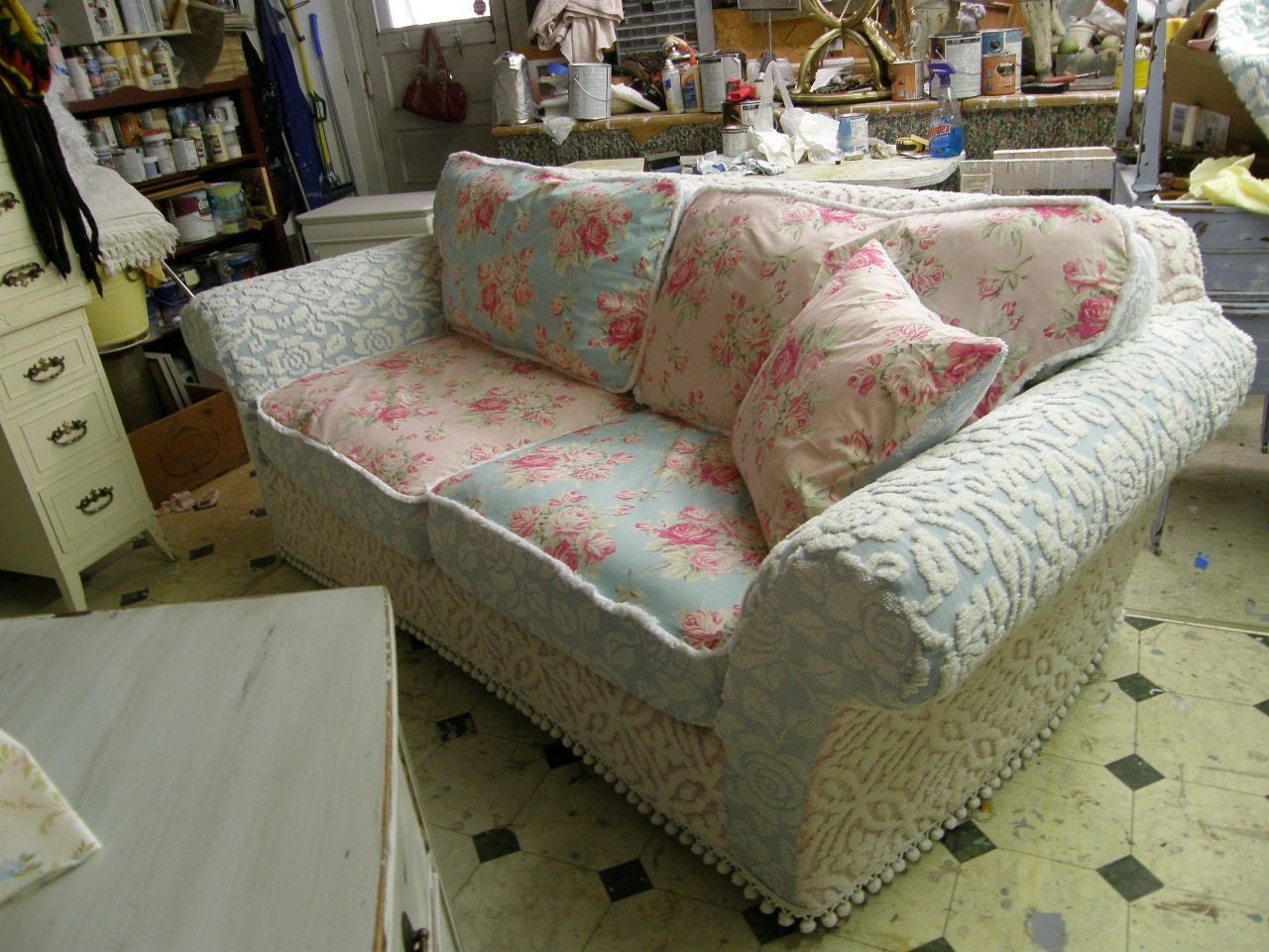 shabby chic sofa couch vintage chenille bedspread slipcover custom made to order cottage prairie