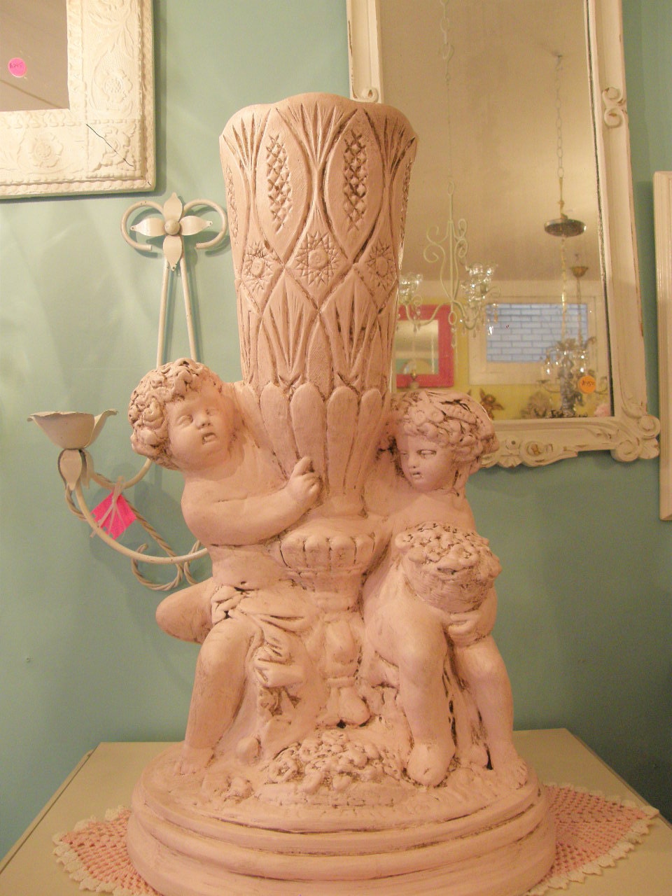 huge shabby chic vintage cherub putti angel planter vase decor prairie cottage pink