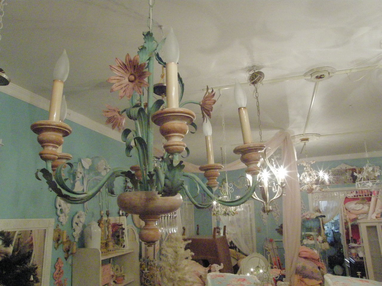 vintage shabby chic tole chandelier aqua blue green pink cottage prairie lighting floral