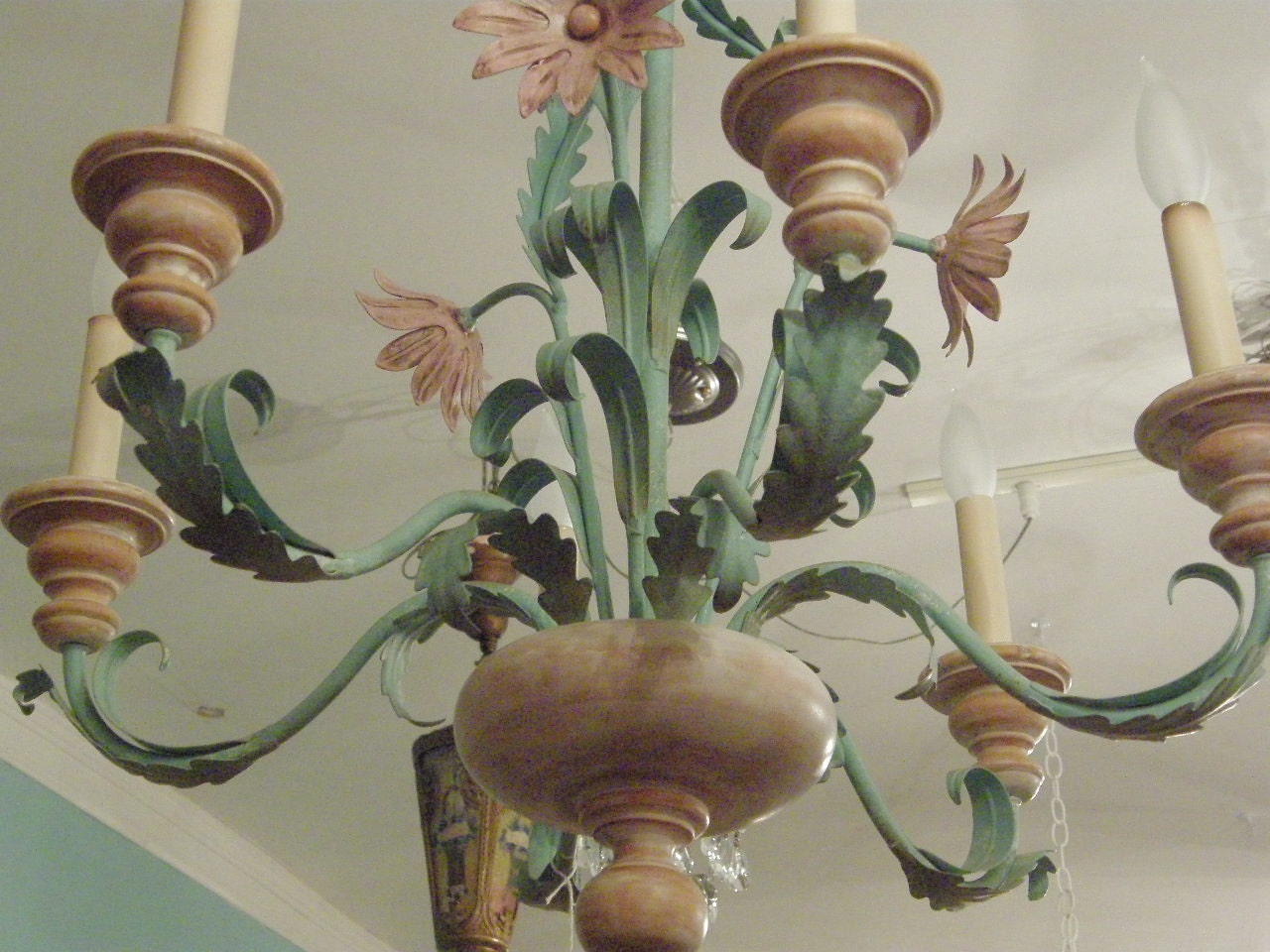 vintage shabby chic tole chandelier aqua blue green pink cottage prairie lighting floral