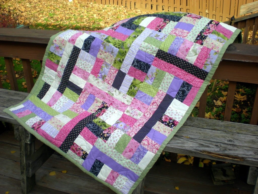 Jelly Roll Quilt in greens lavenders black - Throw size