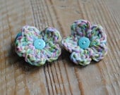 Cute Spring/Summer Set of 2 Pink/Teal/White Multi Cotton Crochet Flowers on Mini Ponytail Holder - Perfect for Pigtails