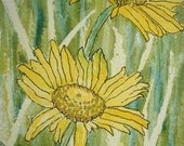 Yellow Daisy Wildflowers with Grass by Nan Henke watercolor painting with ink small art 4x6  inch original