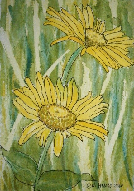 Yellow Daisies Texas Hill Country Greeting Cards by Nan Henke  4 1/4 x 5 1/2 inch  (a set of 4) Blank, Watercolor Pen and Ink Reproduction