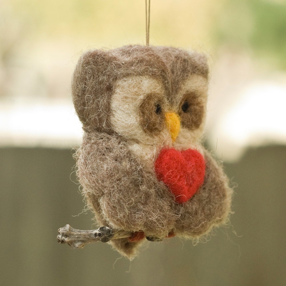 Needle Felted Owl Ornament - Valentine Heart