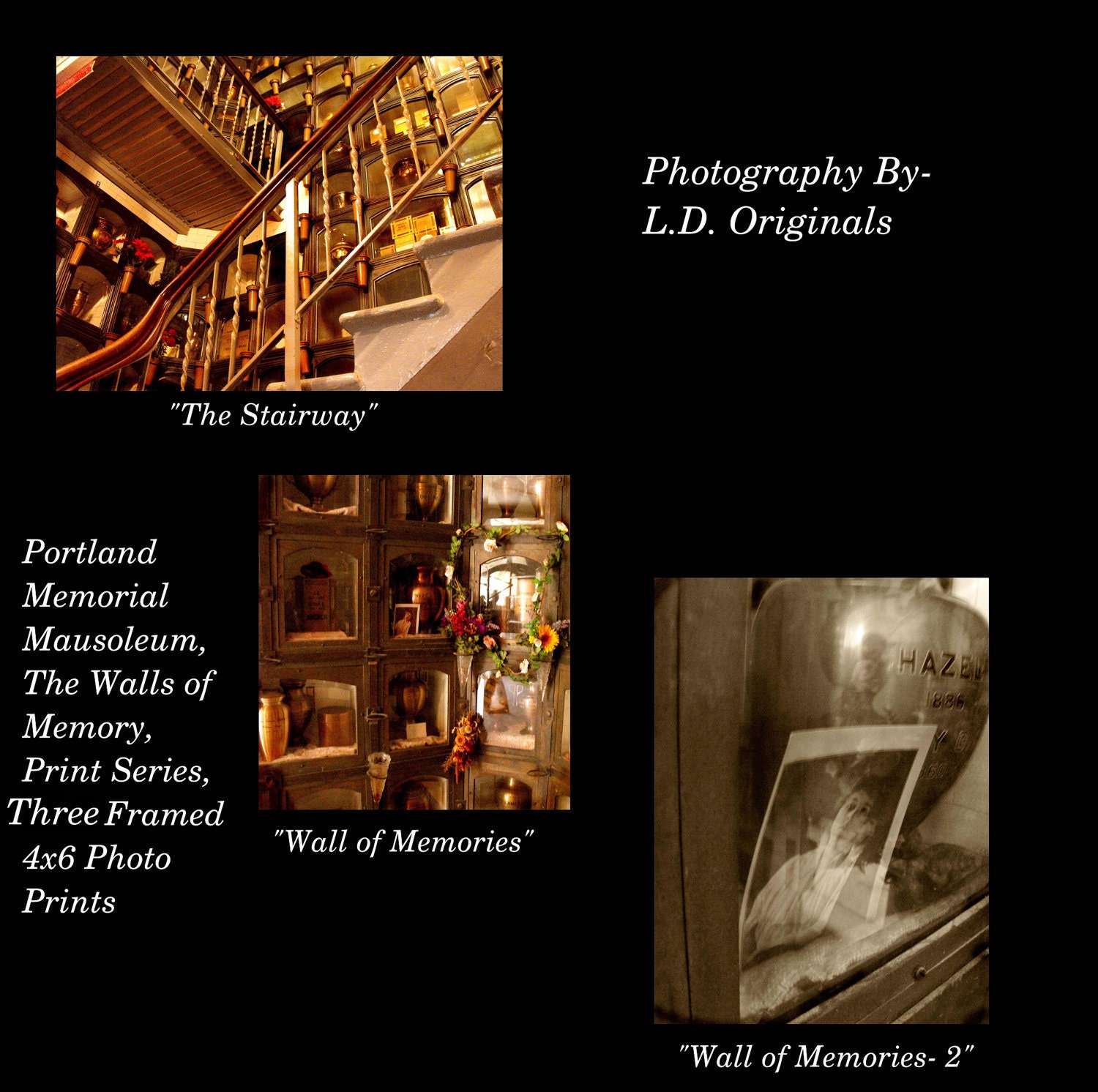 Gothic Chic Home Decor, Portland Memorial Mausoleum, Photo Series Num.3- three framed 4x6 prints