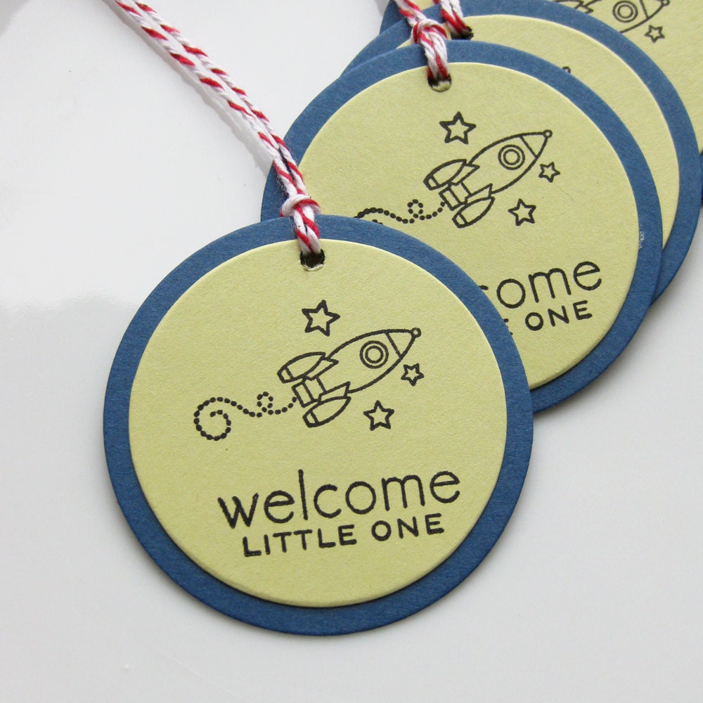 Baby Shower Tags Welcome Little One Rocket Ship - Set of 6 - Baby Boy Shower Tags Rocket Ship Party Il_170x135