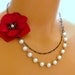 Vintage Style Red Velvet  Floral Necklace With Swarovski White Pearls and Vintaj Brass