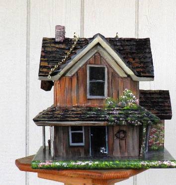 Brown Farm House Bird House, Hand Painted, Handmade with American Flag, Flowers and Miniatures