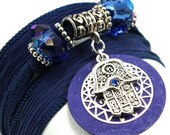 Hand Dyed Silk Wrap Bracelet - Demin Blue, Periwinkle Patina Disc, Silver Plated Hamsa and Sapphire Swarovski Crystals