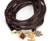 Satin Cord Wrap - Chocolate Brown with Goldtone Pewter Om, Eternal Knot, and Smoked Topaz Swarovski Crystal - anjalicreations