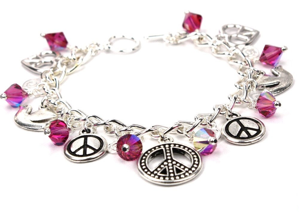 Silver Charm Bracelet with Array of Peace Symbols and Fuchsia Pink Swarovski Crystals - anjalicreations