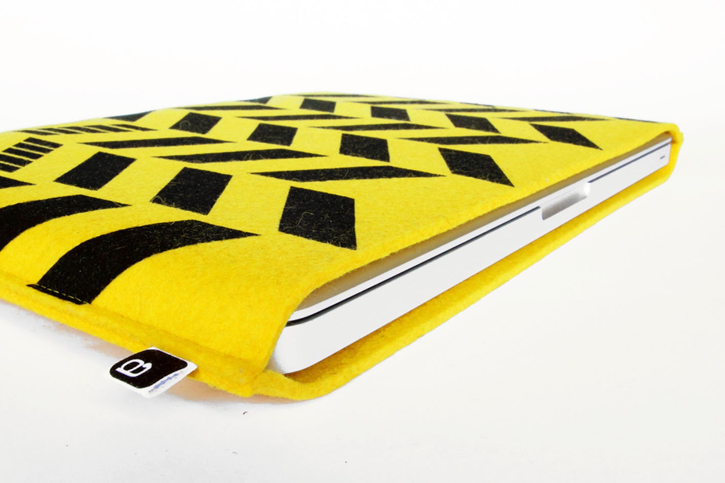 13" MacBook/MacBook Air sleeve: Original hand printed herringbone design on yellow wool felt