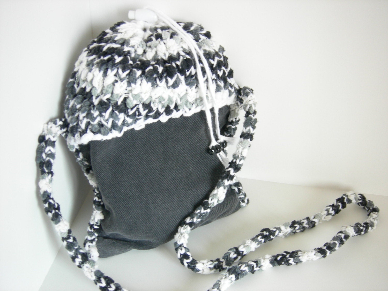 SALE-  Black  Denim Jean Purse with Andes Knit Drawstring Top