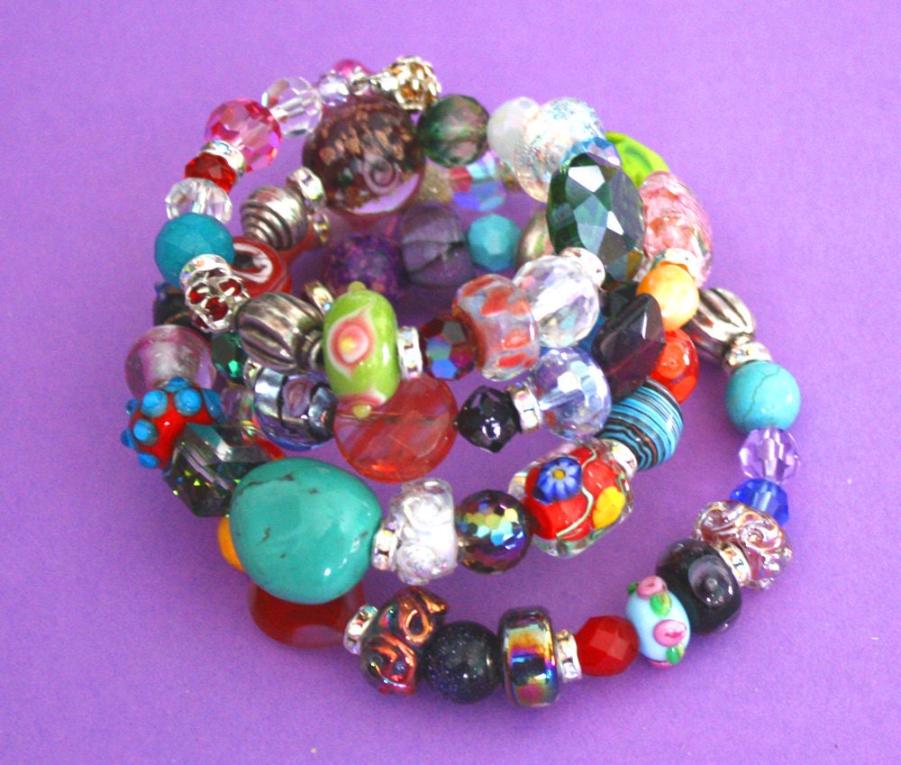 Four Wrap Beaded Bracelet -  Jewelry Bracelet - -Turquoise - Quartz - Amethyst - Lampwork