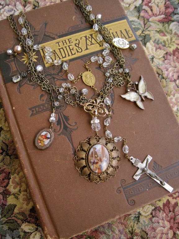 Sunday in the Park:  Vintage Assemblage Rosary Necklace Locket Cameo Butterflies Antique Charms