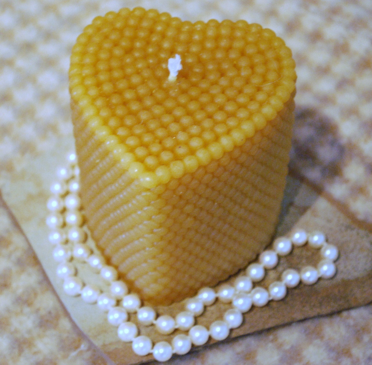 Pure Beeswax Pearl Covered Heart Shaped Pillar Candle