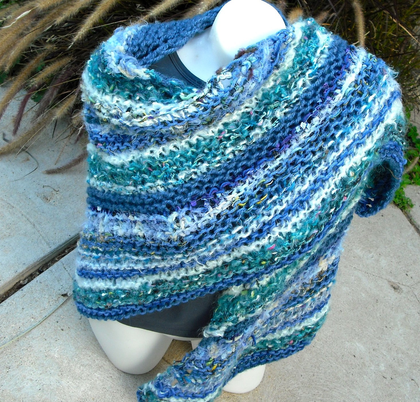Rhapsody in Blue Oversized Hand Knit Shawl Wrap