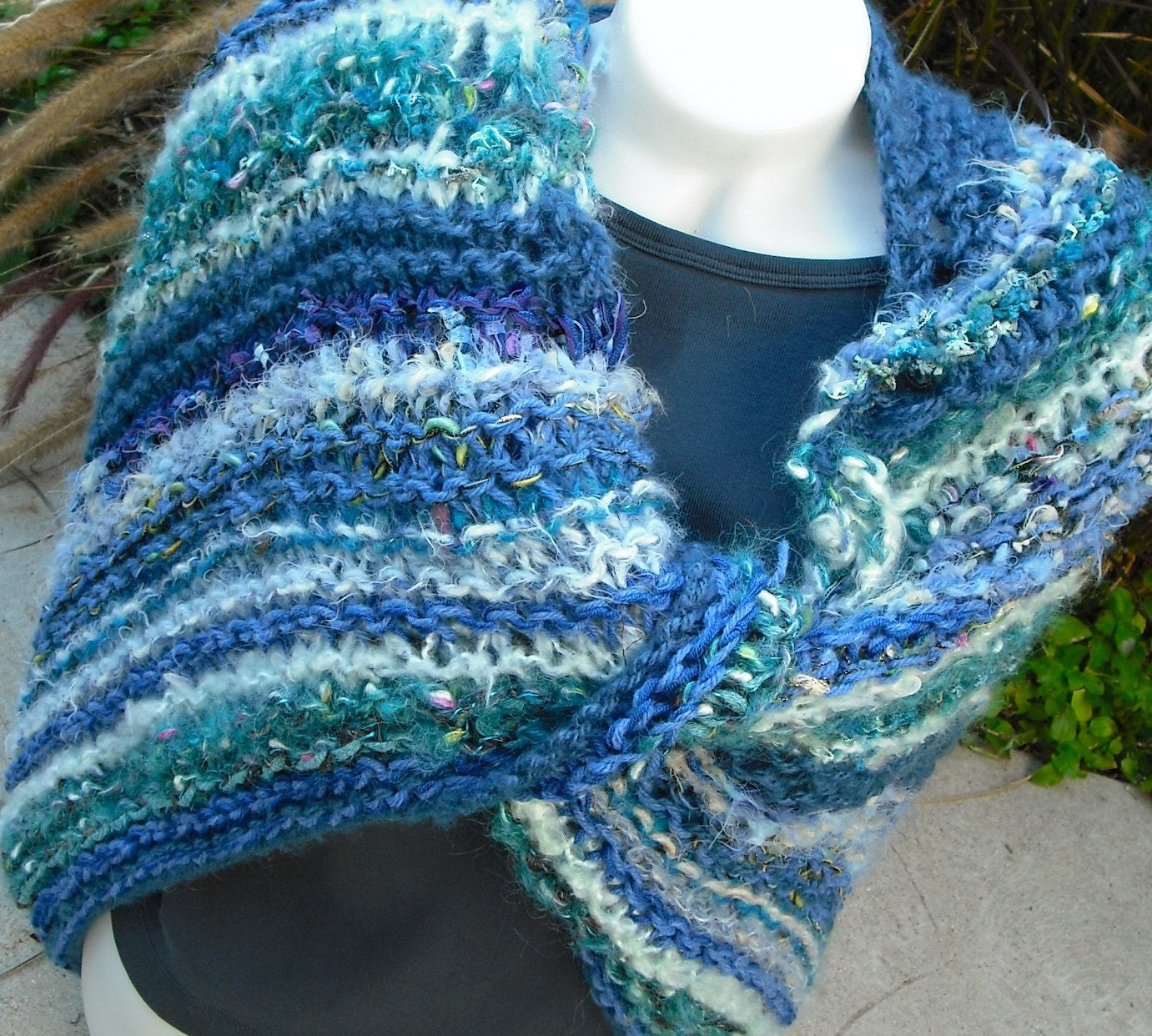 Rhapsody in Blue Oversized Hand Knit Shawl Wrap