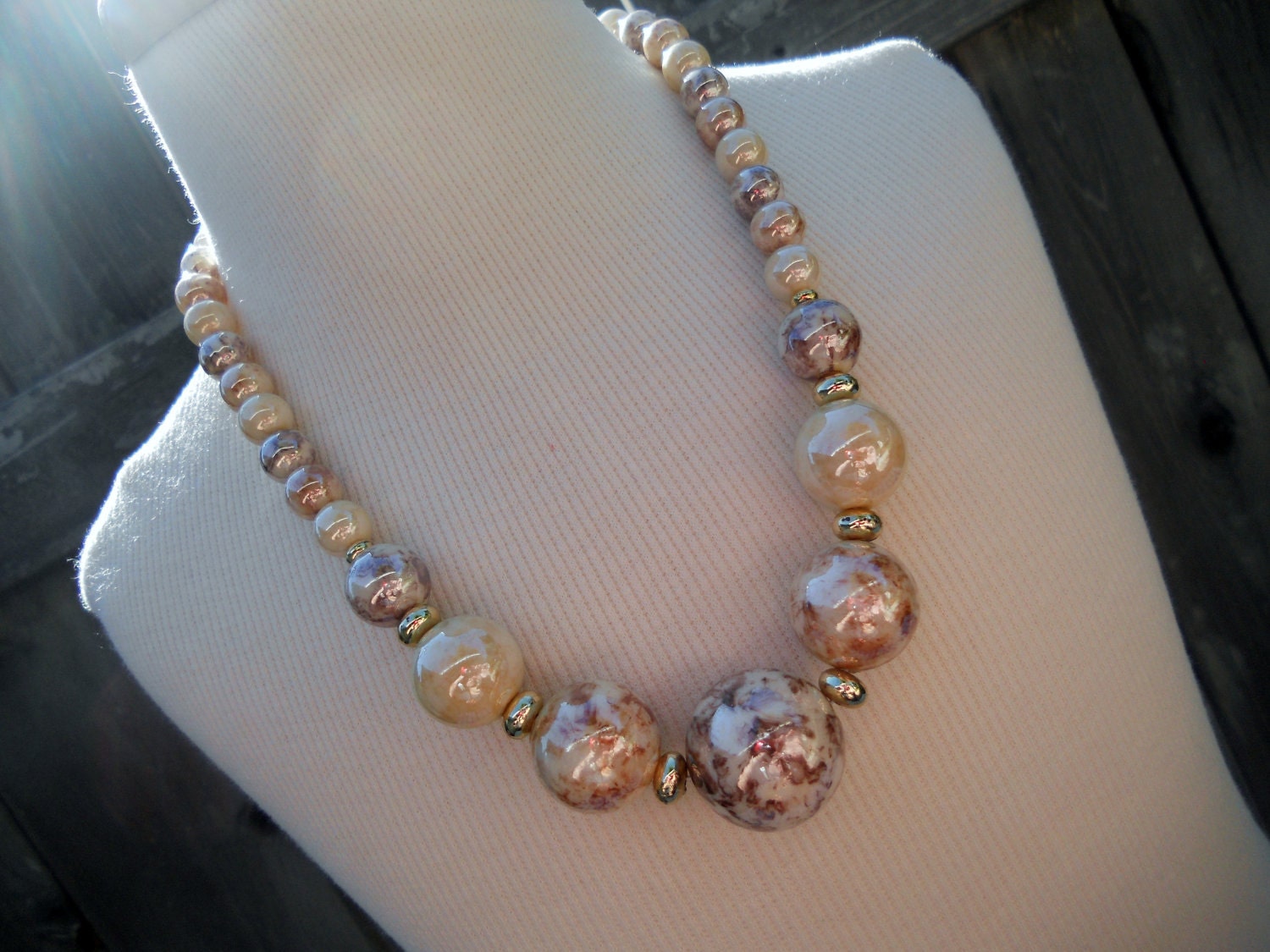 Metallic Marbled Ivory, Gold and Bronze Beaded Necklace